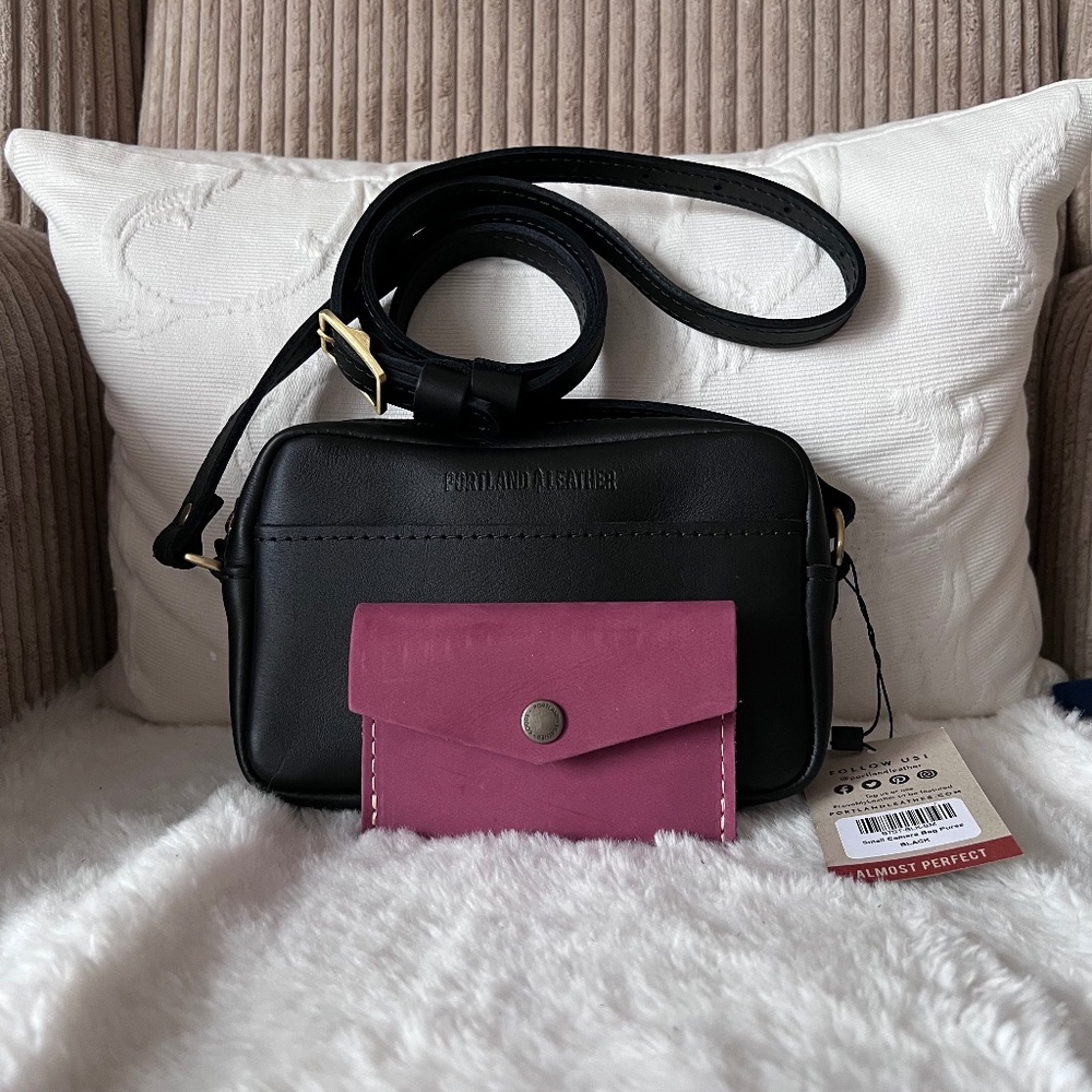 Portland Leather Small Camera Bag (Smooth Black) + Mini Wallet (Foxglove) *NEW*
